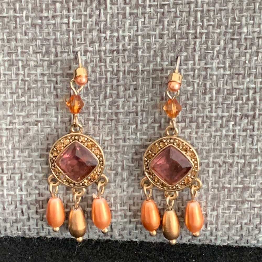 Monet Gold Tone Rhinestone Beaded Drop Earrings
